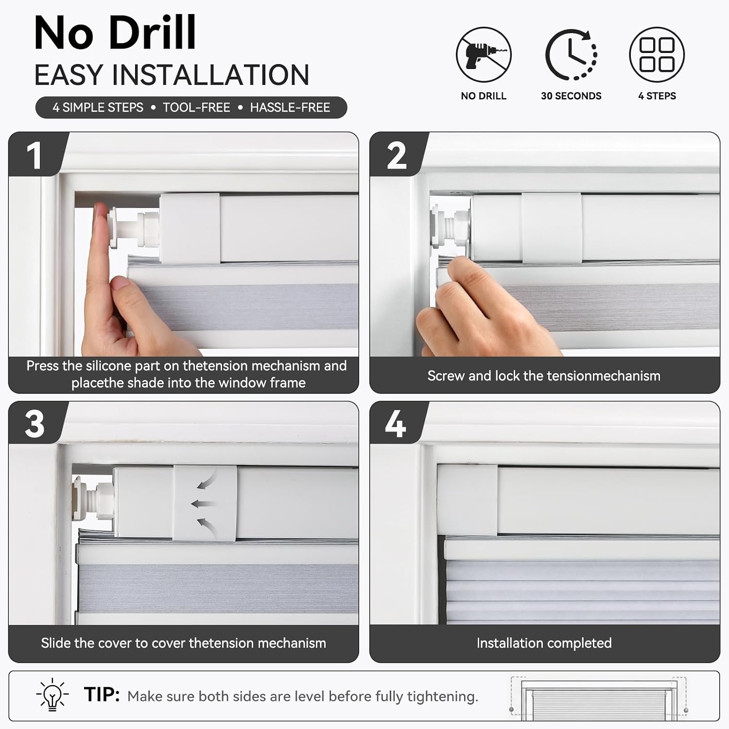 No Drill No Tools Cellular Shades Top Down Bottom Up Honeycomb Blackout Blinds Cordless Window Blinds Easy to Install Cellular Shade for Indoor Windows, White, 30" W x 48" H