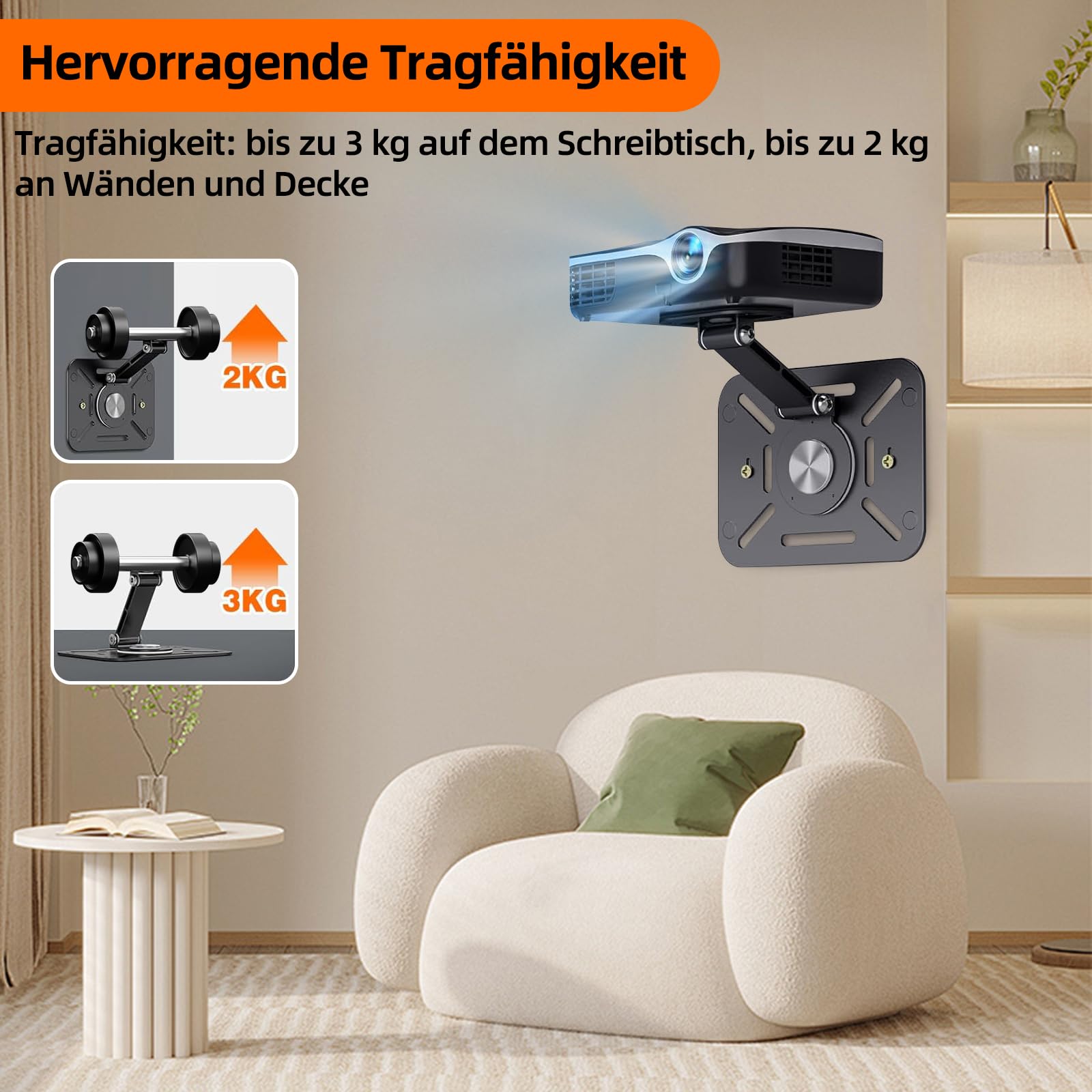 Supporto per proiettore con rotazione di 360° e inclinazione di 225° – Supporto pieghevole da tavolo/parete/soffitto | Compatibile con la maggior parte dei proiettori | Per casa, ufficio