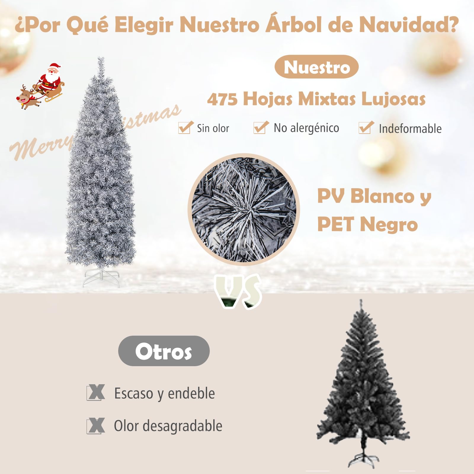 COSTWAY Árbol de Navidad Blanco y Negro 180cm, Arbol de Navidad Slim/Estrecho con Luces Incorporadas, 250 Luces Blancas Frías, 475 Ramas de PVC y Pet, Arvore de Natal Soporte de Metal Casa/Oficina