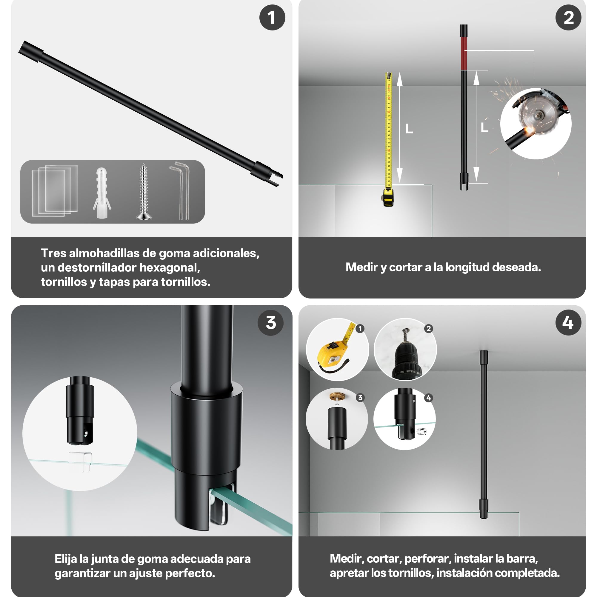 Barra estabilizadora de techo para mampara de ducha, para vidrio de 6-10 mm, longitud 564 mm, acero inoxidable 304, negro mate