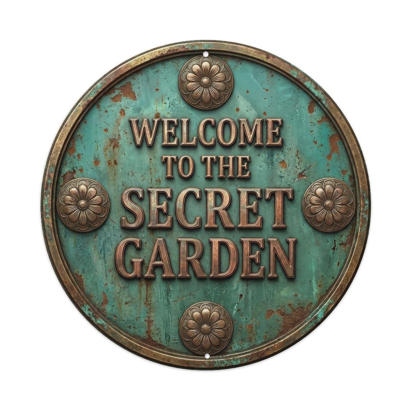 Vintage Welcome Secret Garden Patina Metal Tin Sign