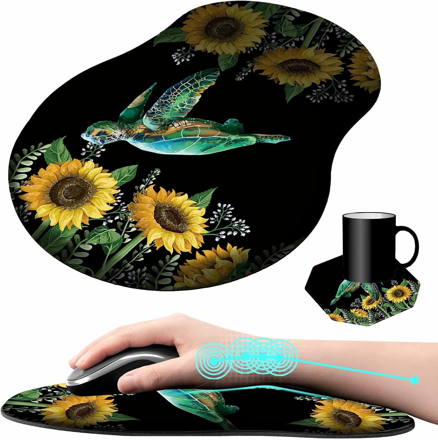 Mouse Pad with Wrist Support Gel Blue Butterfly Pattern Design Ergonomic Gaming Mousepad with Wrist Rest for Laptop Computer Home Office Working Mouse Mat + A Cute Coffee Pad