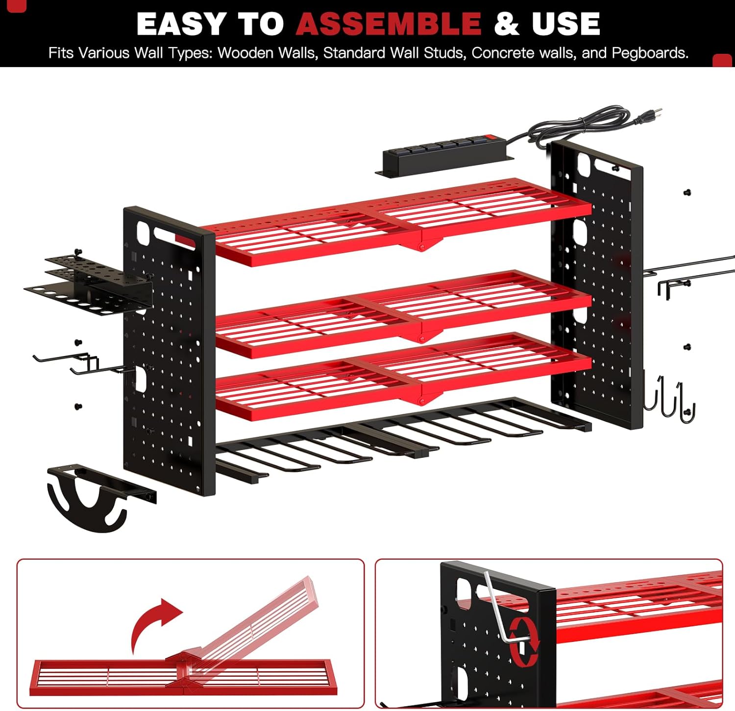 Power Tool Organizer Wall Mount with Charging Station 4 Layer 6 Slot Cordless Drill Holder with Angle Grinder Holder (Red)