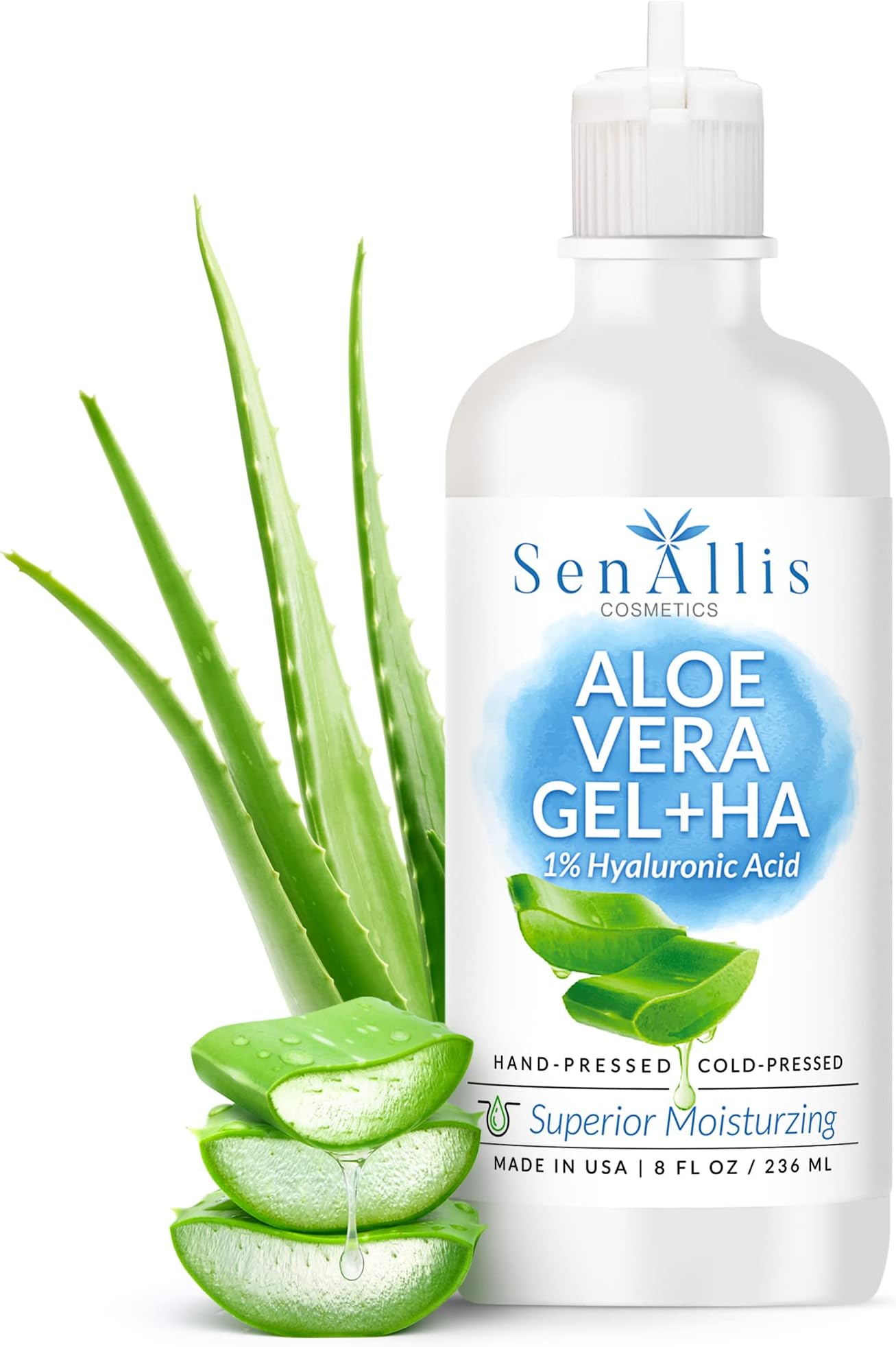 SenAllis Cosmetics Aloe Vera Gel + Hyaluronic Acid + Vitamin E Serum 8 fl oz, Made In USA, Anti Aging, Anti Wrinkle, Ultra-Hydrating Moisturizer