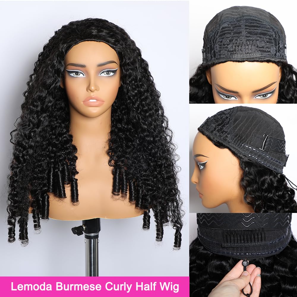Lemoda Burmese Curly Half Wig Human Hair 15A Glueless Wigs Human Hair with Spiral Curls End 3 In 1 Half Wigs for Women Wear Go Drawstring Headband Wig Beginner Friendly Easy Install 28 Inch