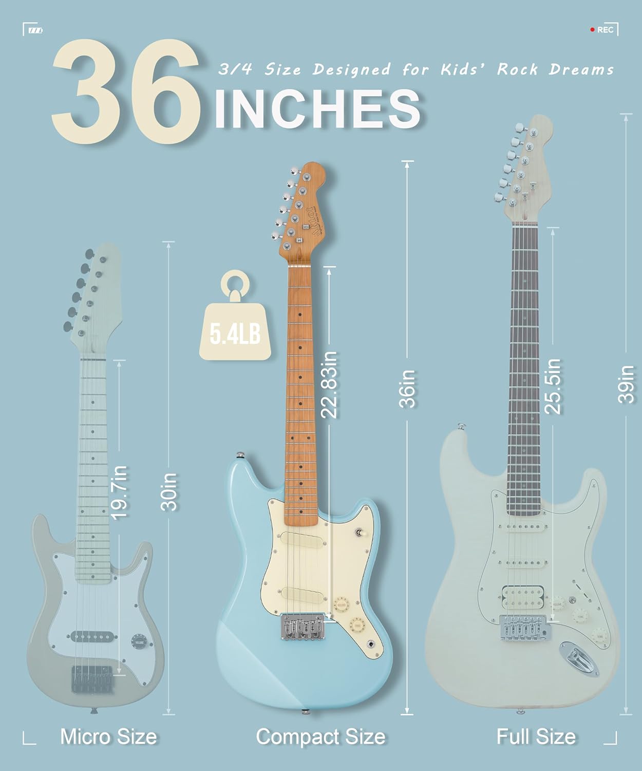 AKLOT 3/4 Kids Electric Guitar: 36in Mini Guitar Kit for Beginners, 1.5in Narrow Neck for Small Hands Easy to Play, ages 6-12, 10W Amp, Gig Bag, Strap, Cable, Picks & Lesson Book (FrostSky Blue)