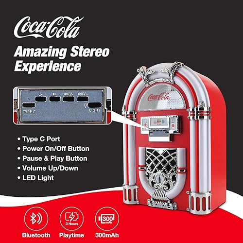 Miniatura 3 de Coca-Cola Jukebox - Altavoz Bluetooth con radio FM, luces LED, salida de 16 W, batería de 1800 mAh, carga USB-C, rango de 32.8 ft, diseño retro para