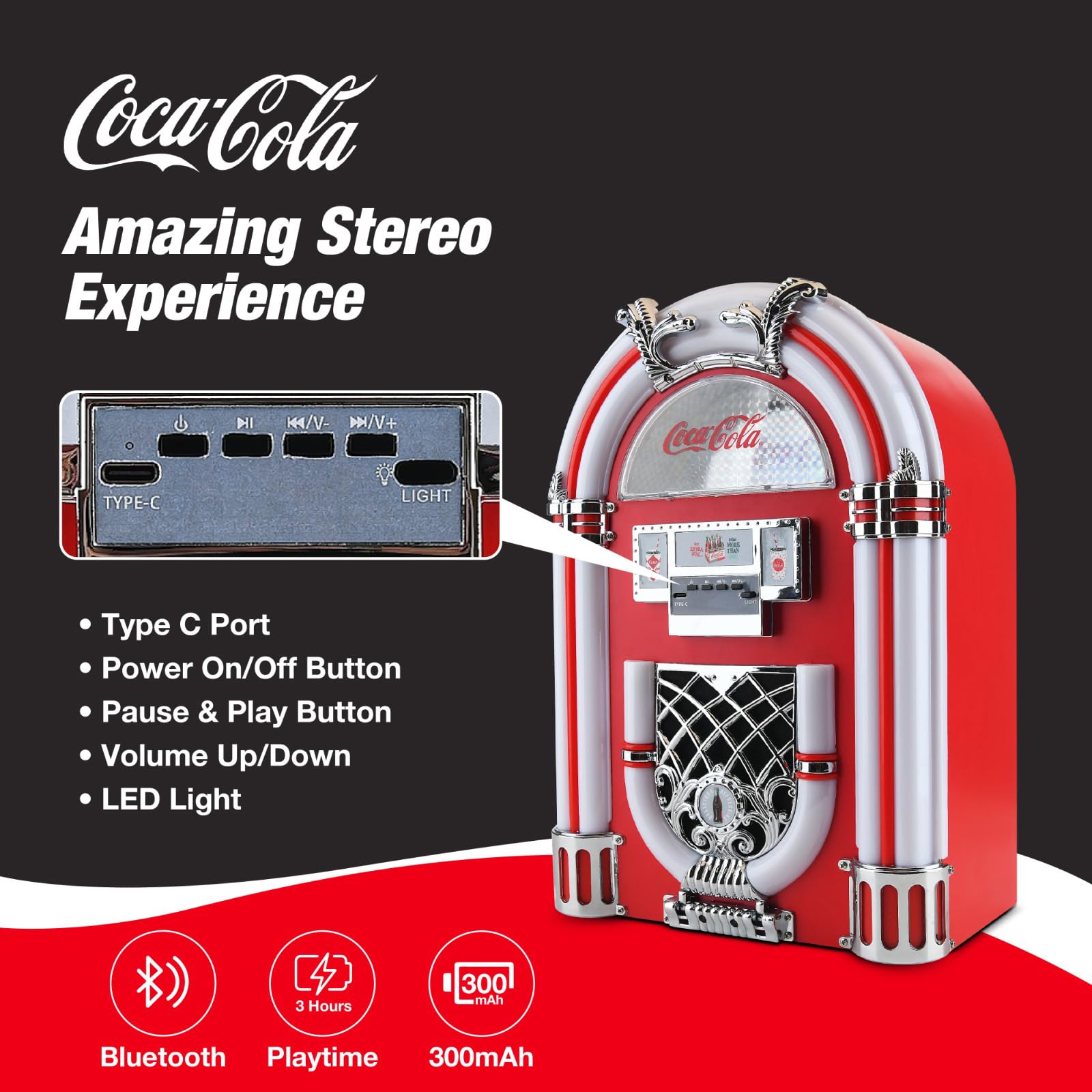 Coca-Cola ジュークボックス スピーカーLED照明付き Amazon.com: Coca-Cola Jukebox Bluetooth Speaker with FM Radio, LED