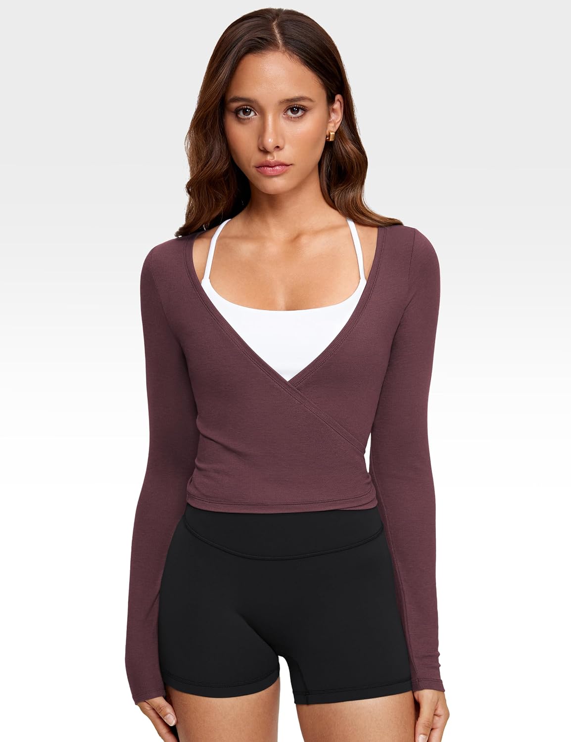 INGIA Womens V-Neck Long Sleeve Cross Wrap Top Slim Fit Soft Knit Layering Shirt Casual Yoga Gym Bandage Tie Tops