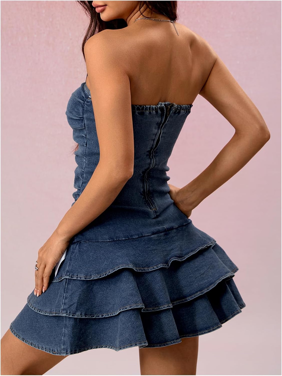 WDIRARA Women's Strapless Denim Mini Dress Bandeau Layered Ruffle A Line Bow Dresses - Image 3