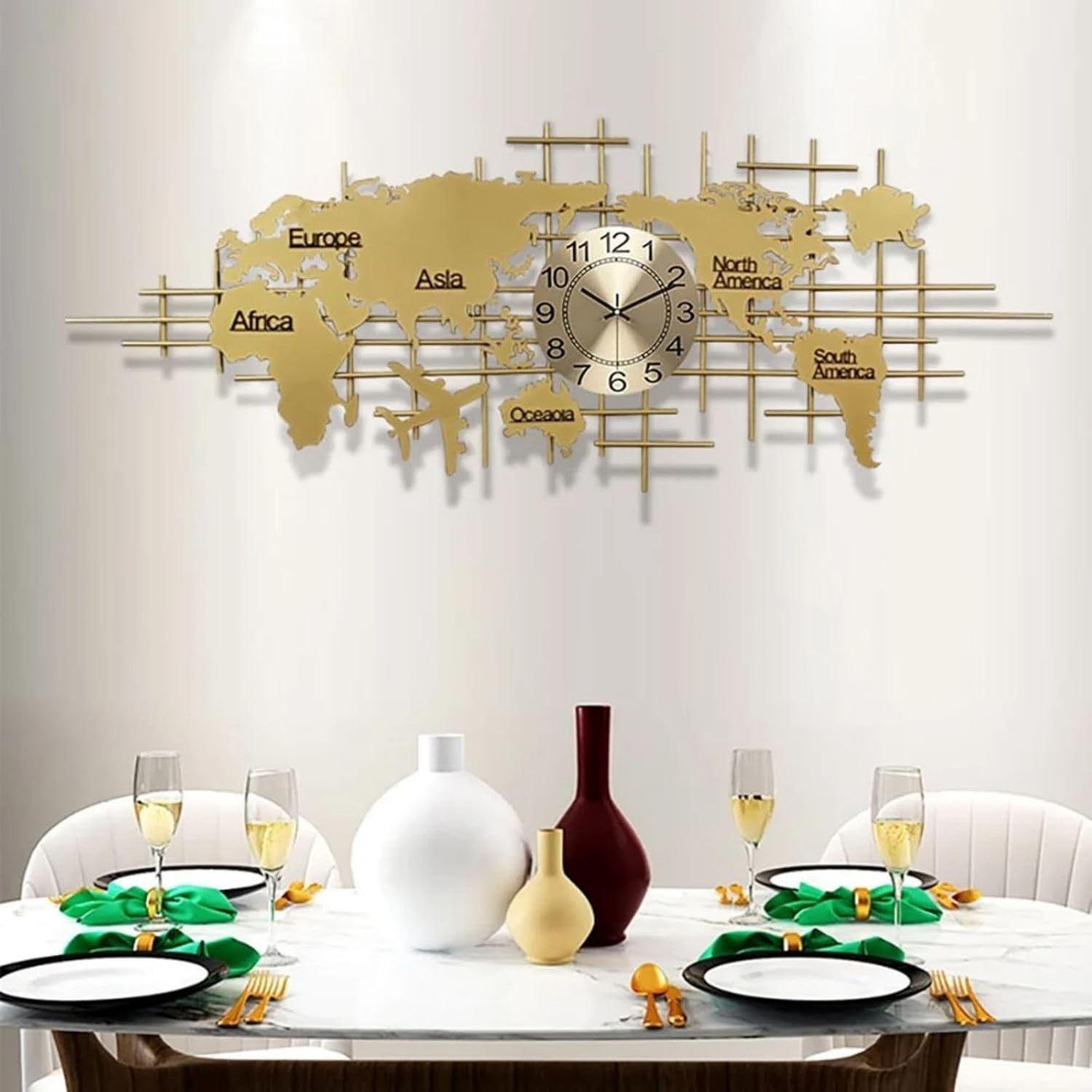 59″ Large 3D World Map Wall Clock – Luxury Gold Metal Silent Clock Wall Art for …