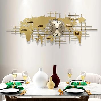 59" Large 3D World Map Wall Clock Luxury Gold Metal Silent Clock Wall Art for Living Room, Bedroom, Office, or Modern Home Decor Battery Operated