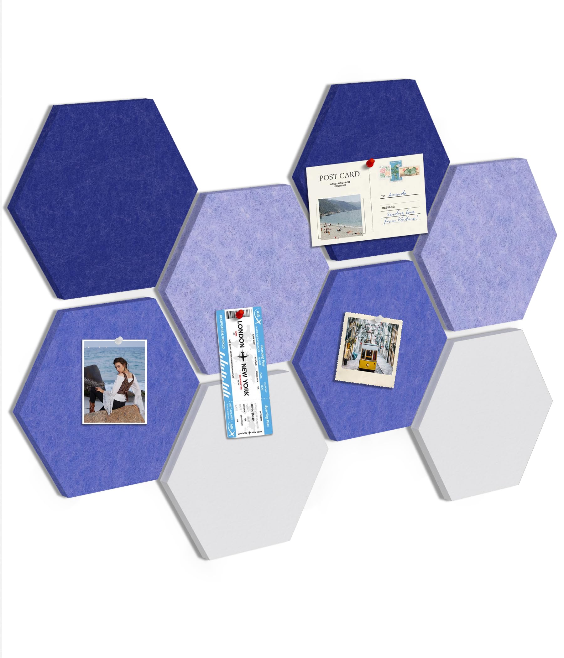 Toptople Large Hexagon Cork Board for Office, 8-Pack Felt Pin Board Tiles for Walls, Bulletin Notice Board with Push Pins for Photos, Denim Blue