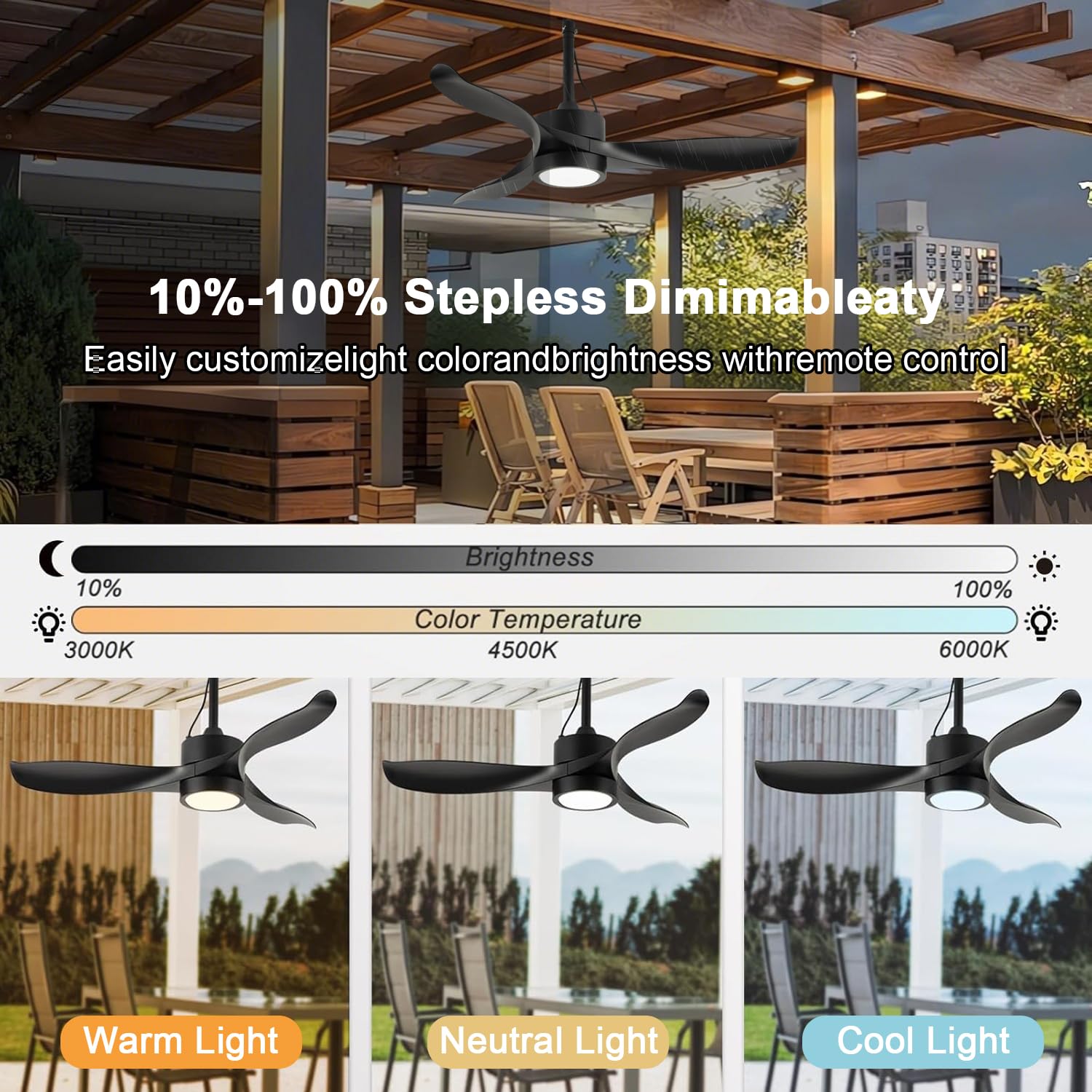 106CM Outdoor Deckenventilator mit Beleuchtung und Fernbedienung IP65 Wasserdicht Deckenleuchte mit Ventilator LED Dimmbar Lampe mit Ventilator Leise 6 Gang Fan Deckenlampe für Außen Balkon Garten