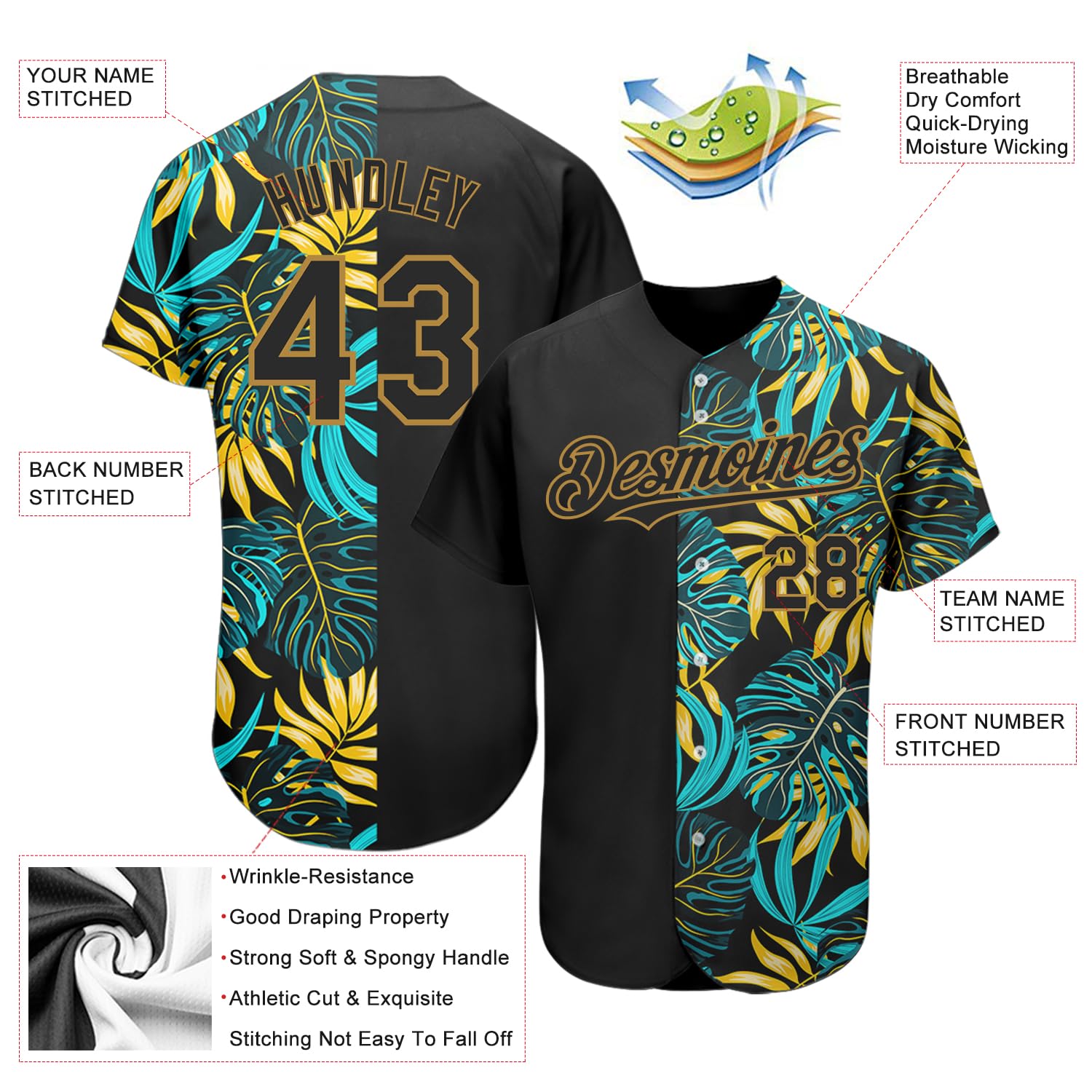 Customize Tropical Leaves Baseball Shirt for Men Youth Teens, Personalized Hawaiian Sport Shirts with Stitched Old Gold Text, Colorful Black Green Yellow Hawaii Beach Shirts for Team Family Group
