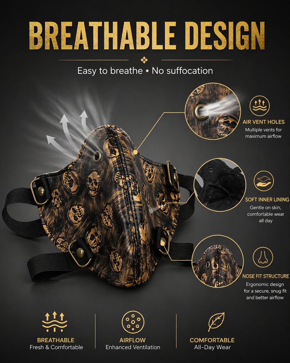 HEAVY DRIVER Skull Mask for Men | Artificial Leather Punk Biker Face Mask with Metal Detail | Costume Mask for Party, Cosplay, Riding & Fashion Accessories 2