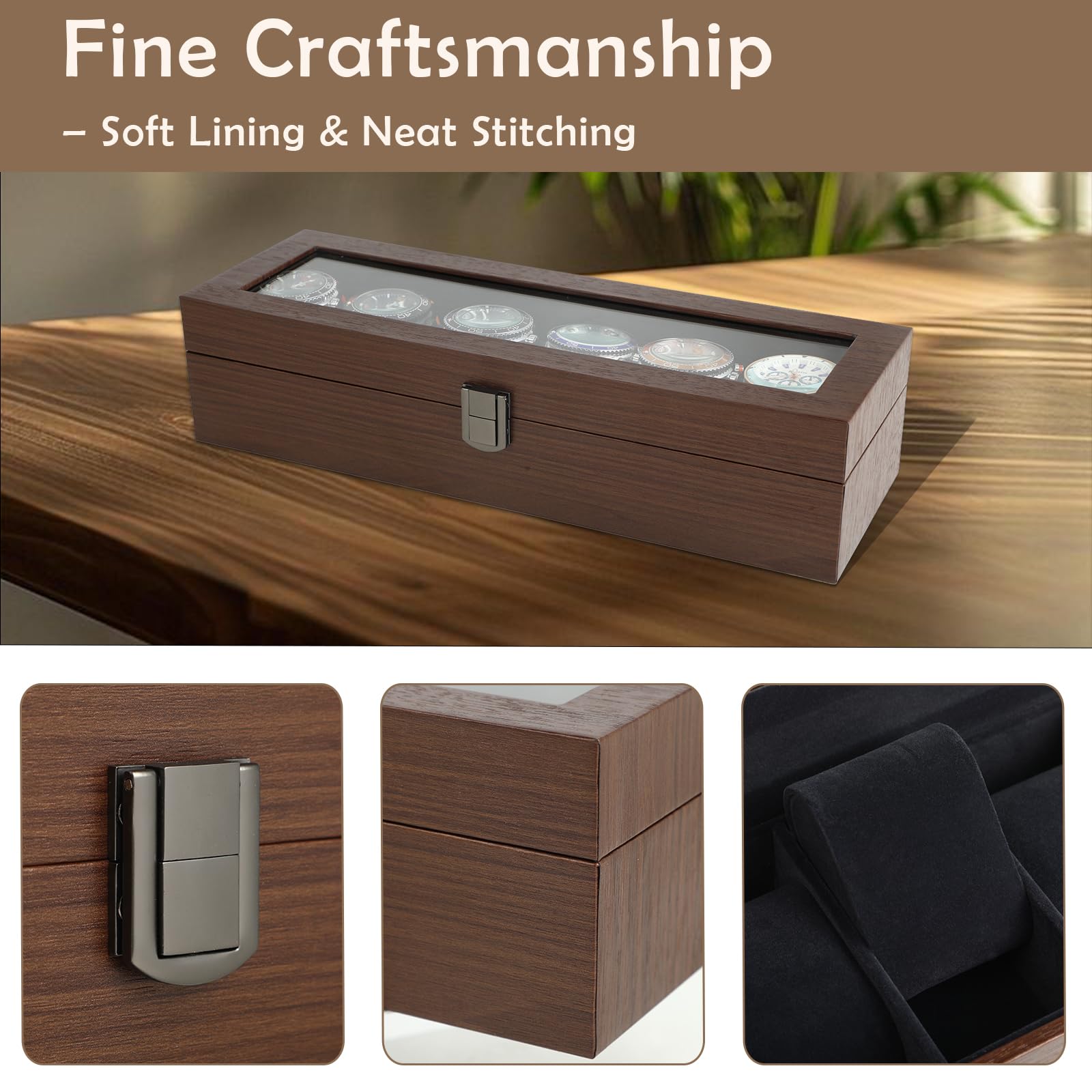Windfromort Caja para Relojes de Madera, 6 Compartimentos, Nogal Marrón - Acabado de Nogal, Tapa de Vidrio, Cojines Extraíbles y Cierre Metálico | Ideal para Almacenamiento y Exhibición