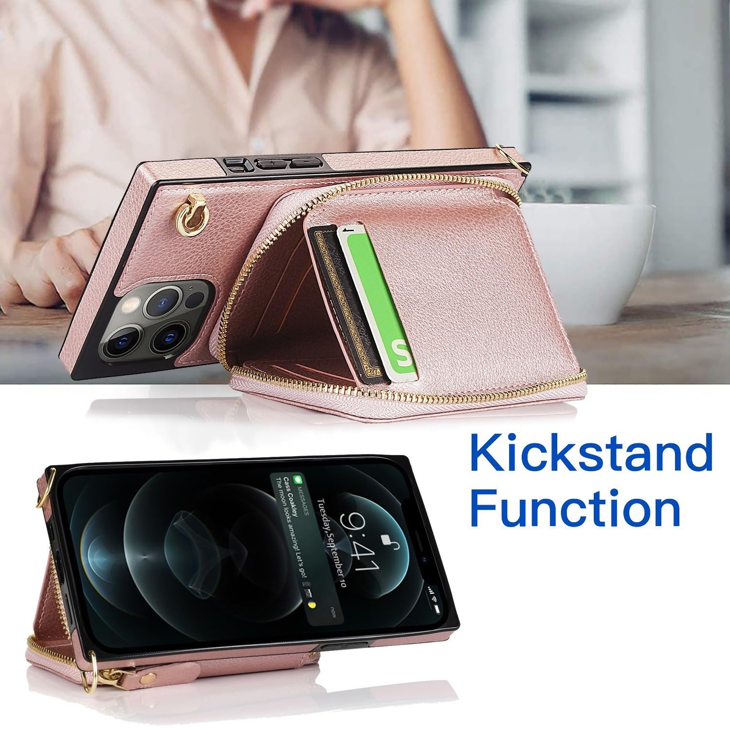 Generisch Etui do iPhone 16/16Plus/16Pro / 16Pro Max, etui z klapką na karty, odporne na upadki, regulowany pasek na ramię, etui ochronne (czarne, 16)