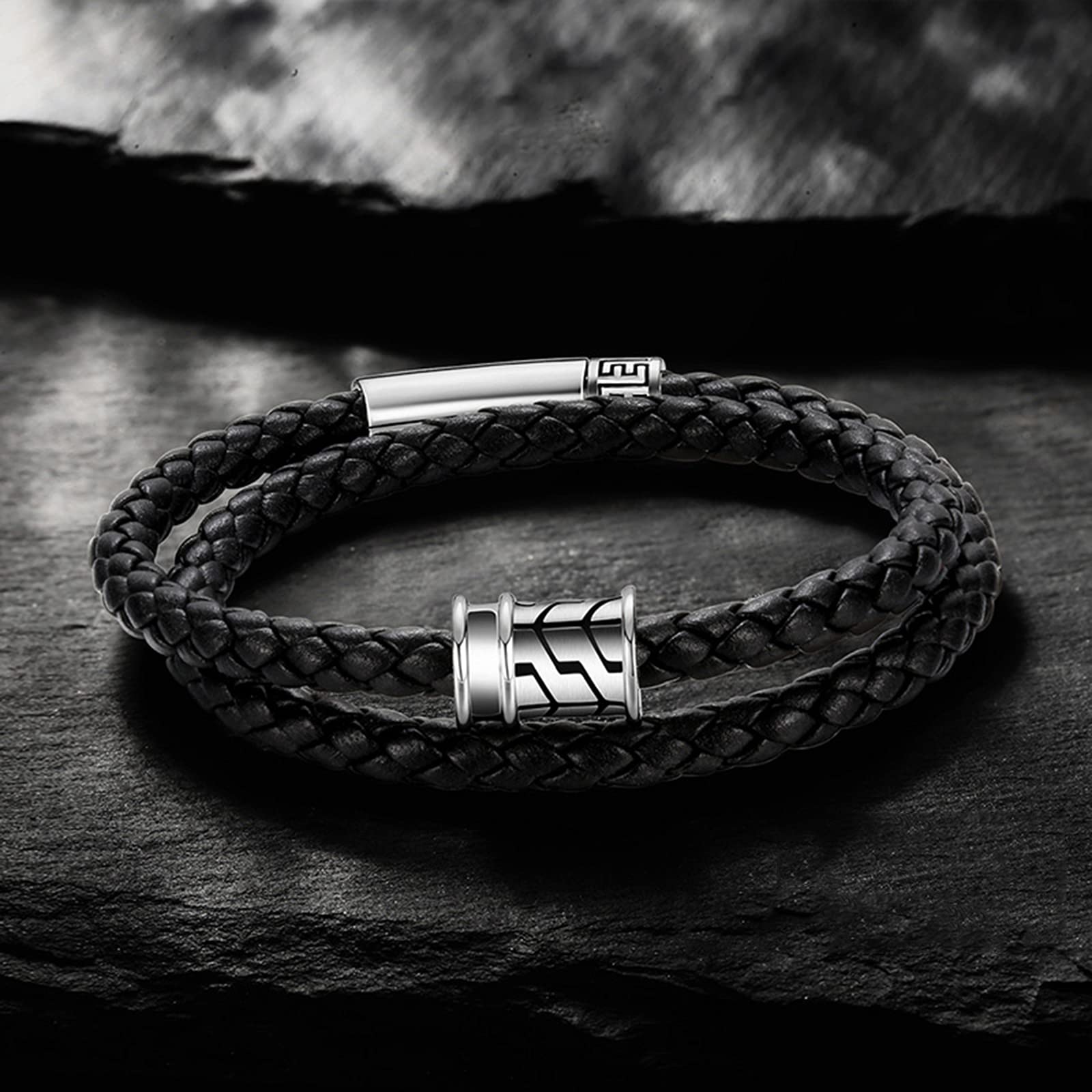 LYGXWJFC Herren-Armband aus echtem Leder, geflochtenes Seil – 925er-Sterlingsilber, klassischer handgefertigter geflochtener schwarzer Armreif, Biker-Punk-Bänder, polierter Schutzschmuck
