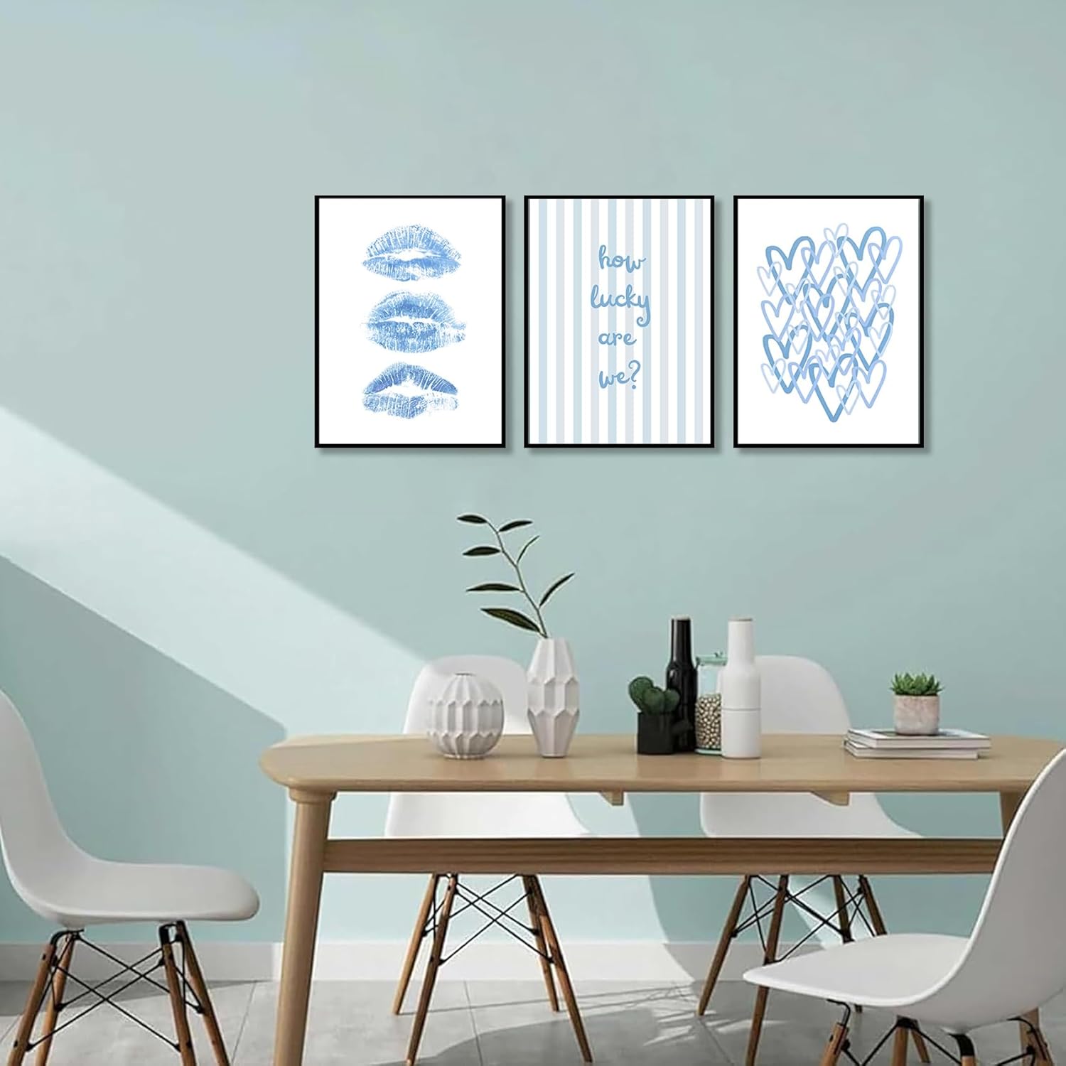 3Pcs Trendy Blue Wall Art Light Blue Preppy Wall Decor How Lucky Are We Pictures Funky Kiss Lips Artwork Coquette Aesthetic Poster Prints for Girl Bedroom Living Room Bar Dorm 16x24in Unframed