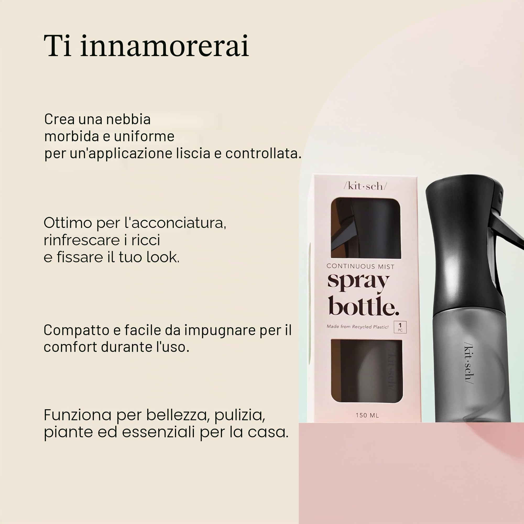 Kitsch Flacone spray continuo per capelli – Nebulizzatore d'acqua a nebbia fine – Flacone spray per capelli riciclato – Flaconi spray per pulizia, styling, piante e altro – Nero, 150 ml