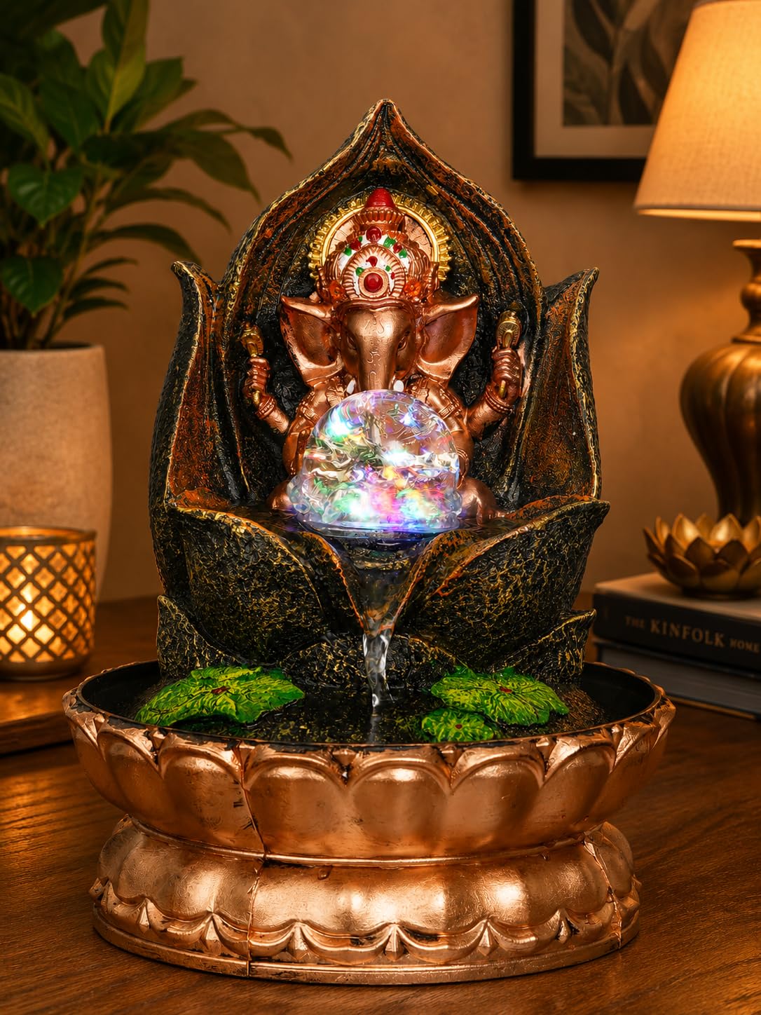 CHRONIKLE Golden Brown Polyresin Tabletop Lord Ganesha Indoor Waterfall Fountain for Home Decor with Multicolor LED, Speed ​​Control Pump and Crystal Ball (Size: 20 x 20 x 29 CM | Weight: 1040 Gram)-image-29