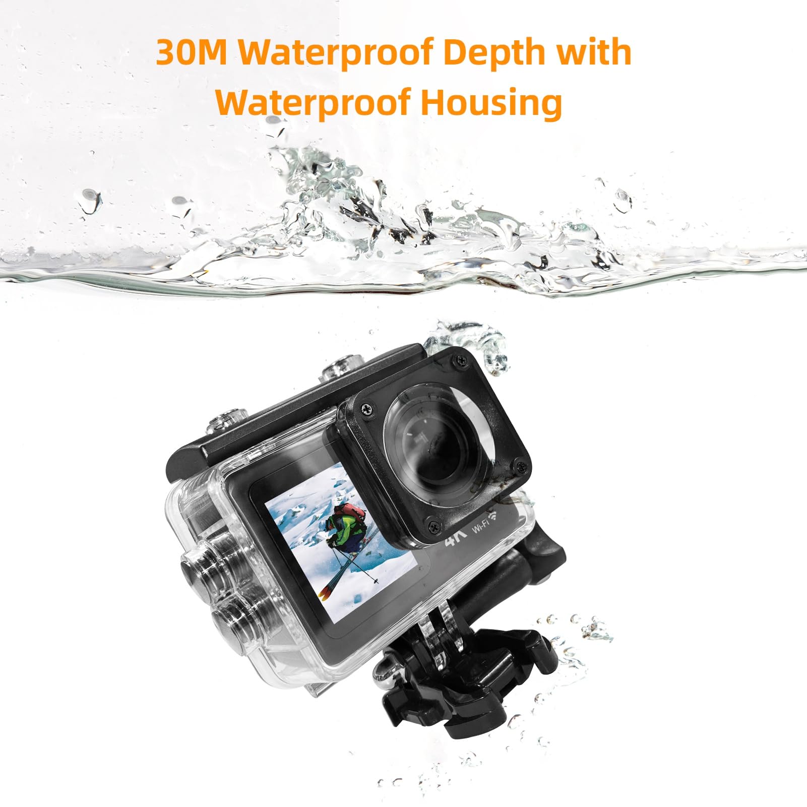 Action Camera 4K 24MP Telecamera Sportiva con Doppio Schermo WiFi Obiettivo Grandangolare 170° Kit di Accessori di Montaggio Impermeabile 30M per Immersioni, Surf, Sci e Ciclismo