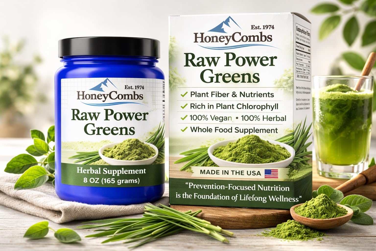 HoneyCombs Raw Power Greens Superfood Greens & Chlorophyll Powder, 8 Oz