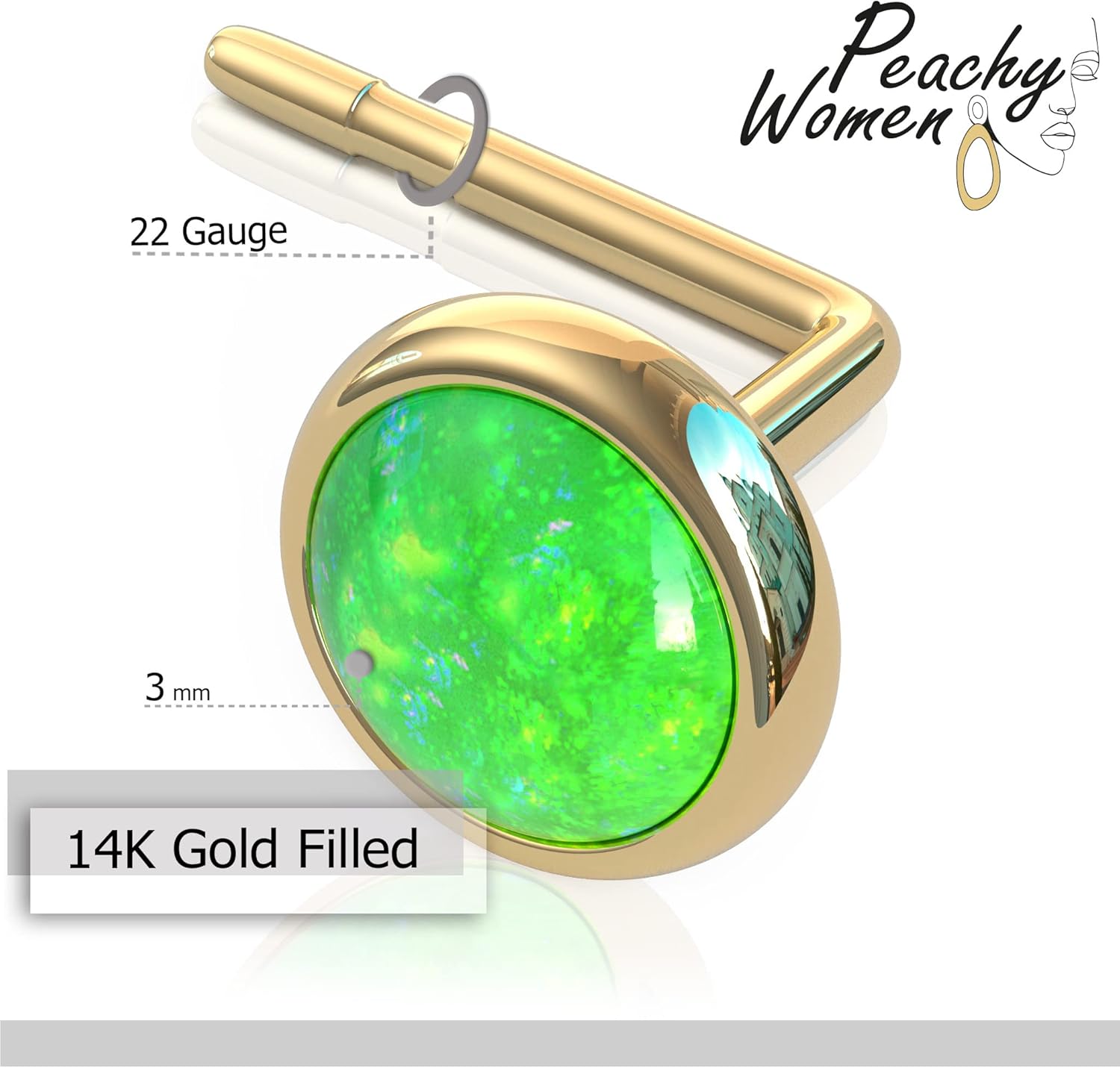 Gold Nose Stud Green Opal 14k Gold Filled - L Shape Nose Pin Jewelry 22 Gauge - Handmade Nose Jewelry for Women Men Unisex… - Image 5