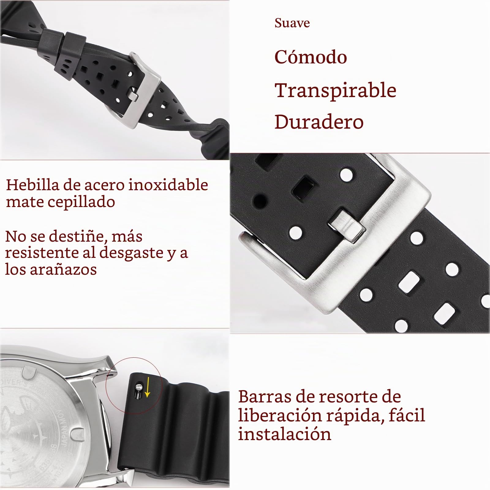 Correa Reloj Caucho Flúor Suave Duradera Caucho FKM Goma Fluorado 18mm 20mm 22mm 24mm Liberación Rápida Correa Reloj Diver Pulseras Deportiva Correa de Repuesto para Hombre Mujer