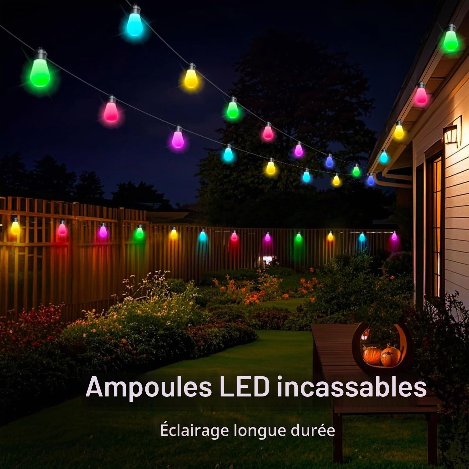 Guirlande lumineuse LED d'extérieur de 15 m, étanche IP65, multicolore, 20 ampoules RVB S14, application intelligente et télécommande contrôlée, pour terrasse, arrière-cour, fête, mariage, jardin