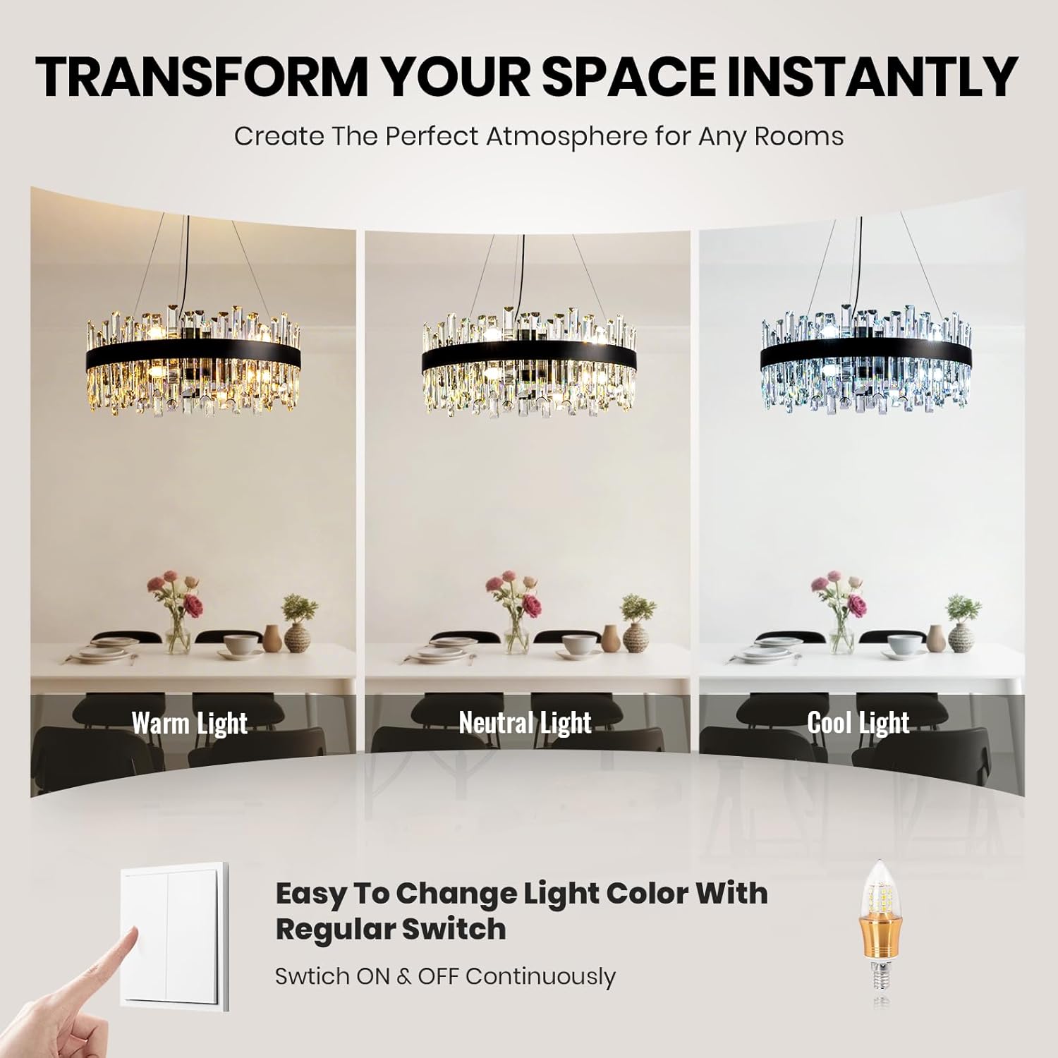 CROSSIO 12-Light Modern Crystal Chandelier for Dining Room, Black Round Flush Mount Ceiling Light, Luxury 2-Tiers K9 Crystal Raindrop Chandelier for Living Room Entryway Foyer Bathroom D23.6''
