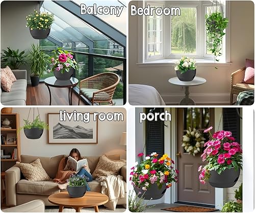 Miniatura 4 de Paquete de 2 macetas colgantes grandes de 12 pulgadas con cadenas de riego automático de plástico negro para plantas de interior y exterior, jardín,