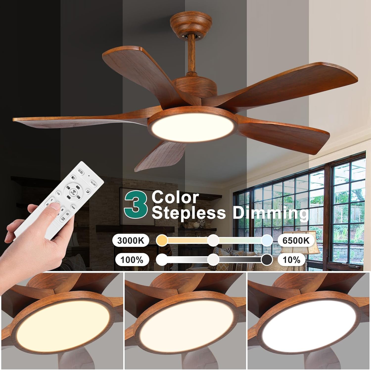 Wood Ceiling Fan with Lights and Remote Control 5 Solid Wooden Blades 42 Inch Modern Farmhouse Outdoor Ceiling Fan Light for Patios Living Room FCC Reversible DC Motor