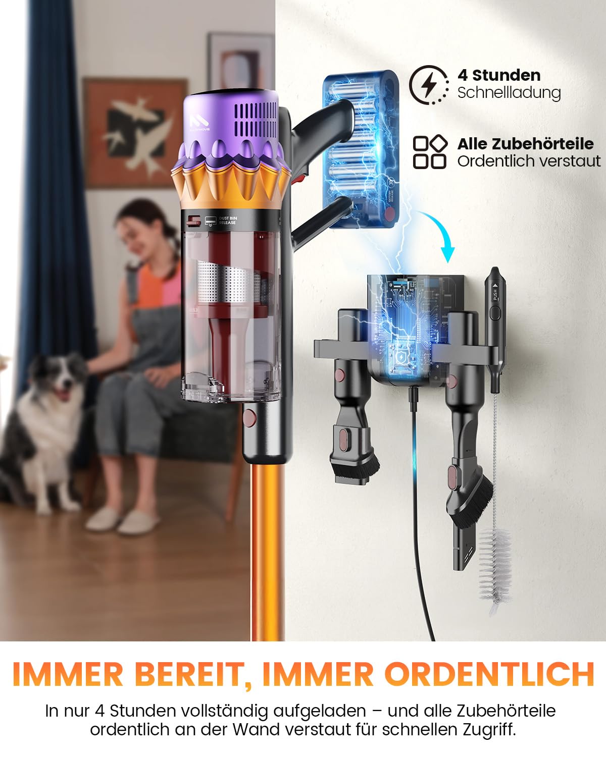 AlloyMove Akku Staubsauger, 50000Pa/550W/80Mins Staubsauger Kabellos mit LED Display und Anti Tangle Bürste, 7-stufiges Filtersystem, Für Tierhaare Hartböden Teppich A05