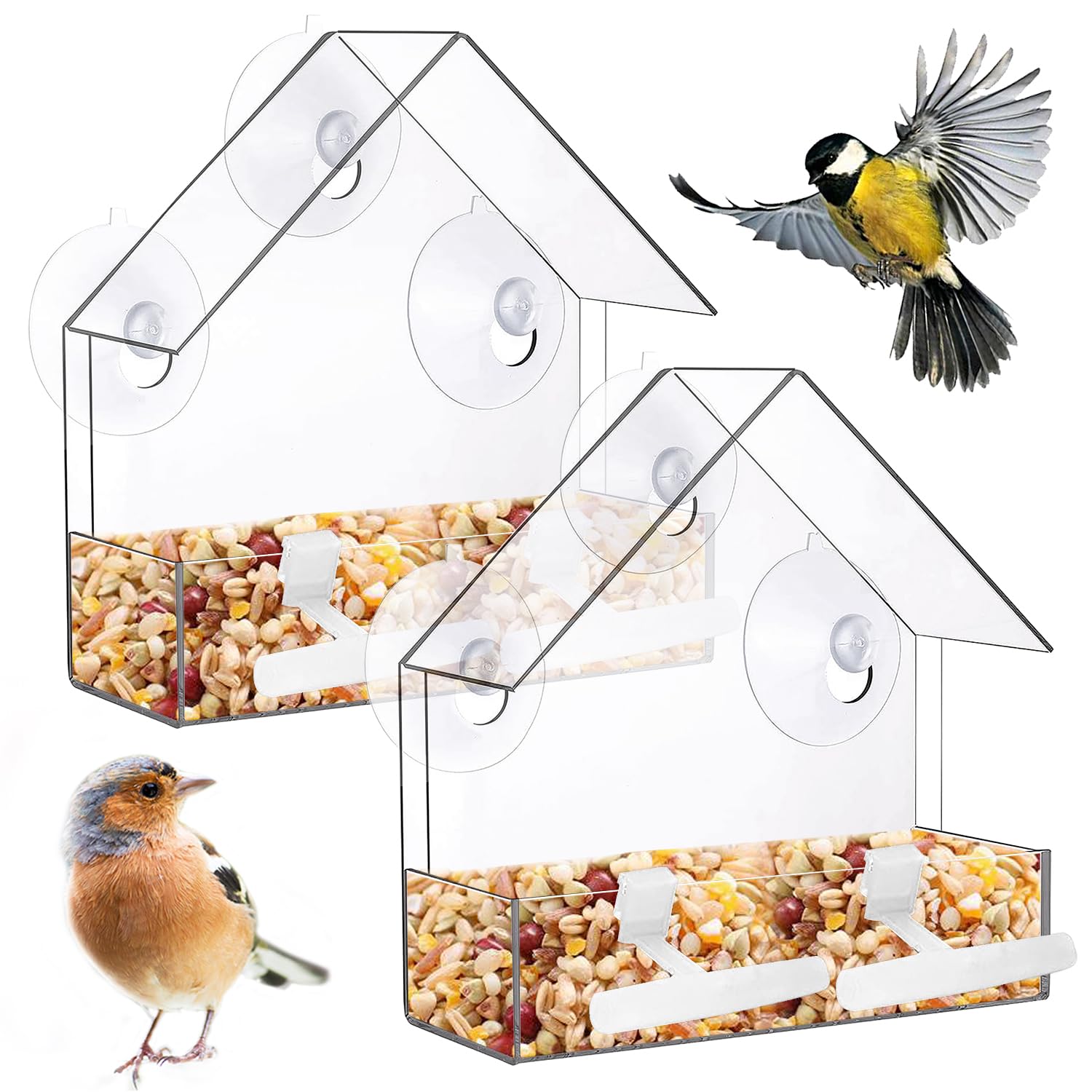 Window Bird Feeder Clear Acrylic with Suction Cups and Standing Pole for Feeding Wild Little Finches Robin Chickadees Sparrow