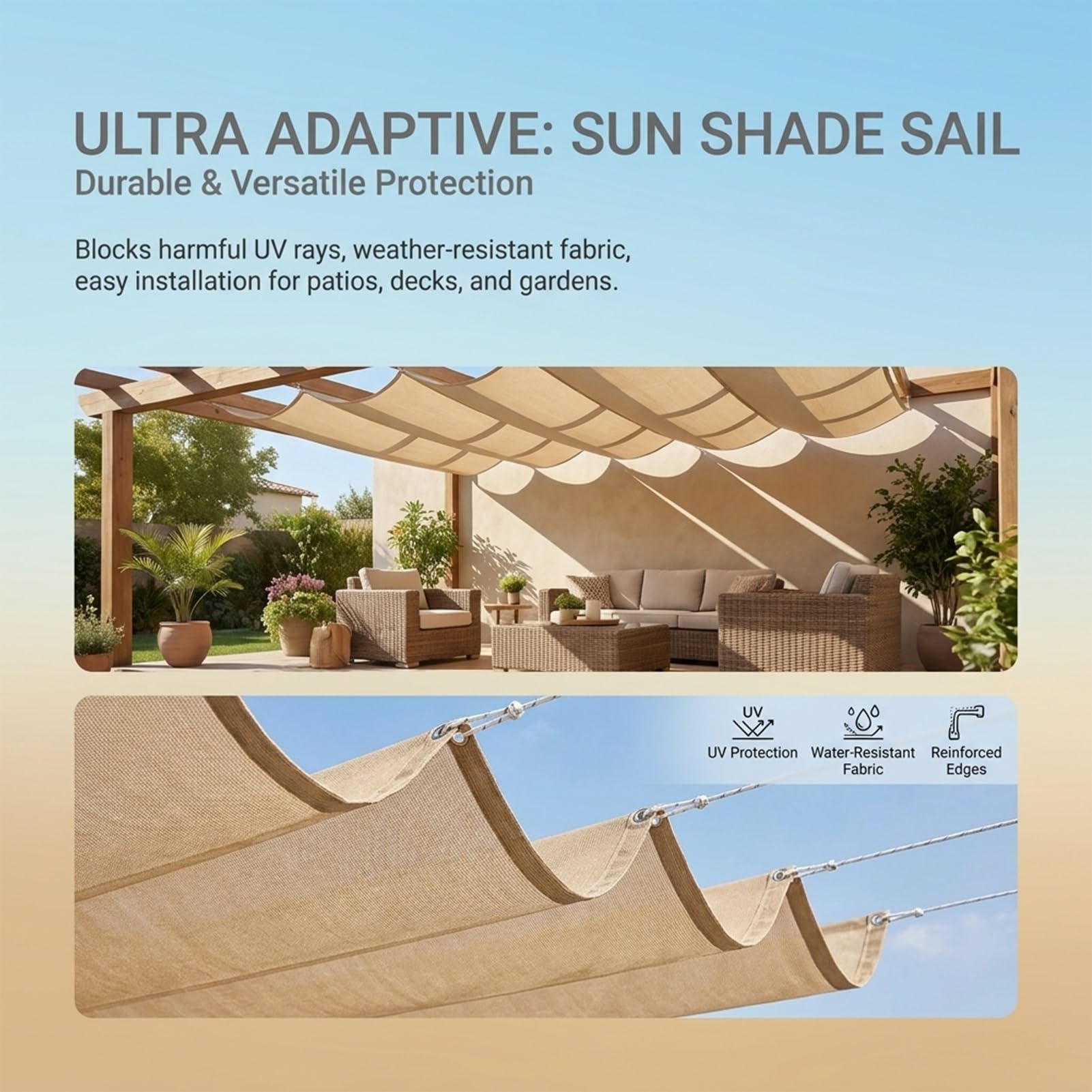 Einziehbare Welle Sonnensegel 370 x 500 cm HDPE Markise Maßgeschneidert Uv-Schutz Sonnenschutz Wasserdicht Sonnenschutz für Terrasse, Pergola, Garten, Golden