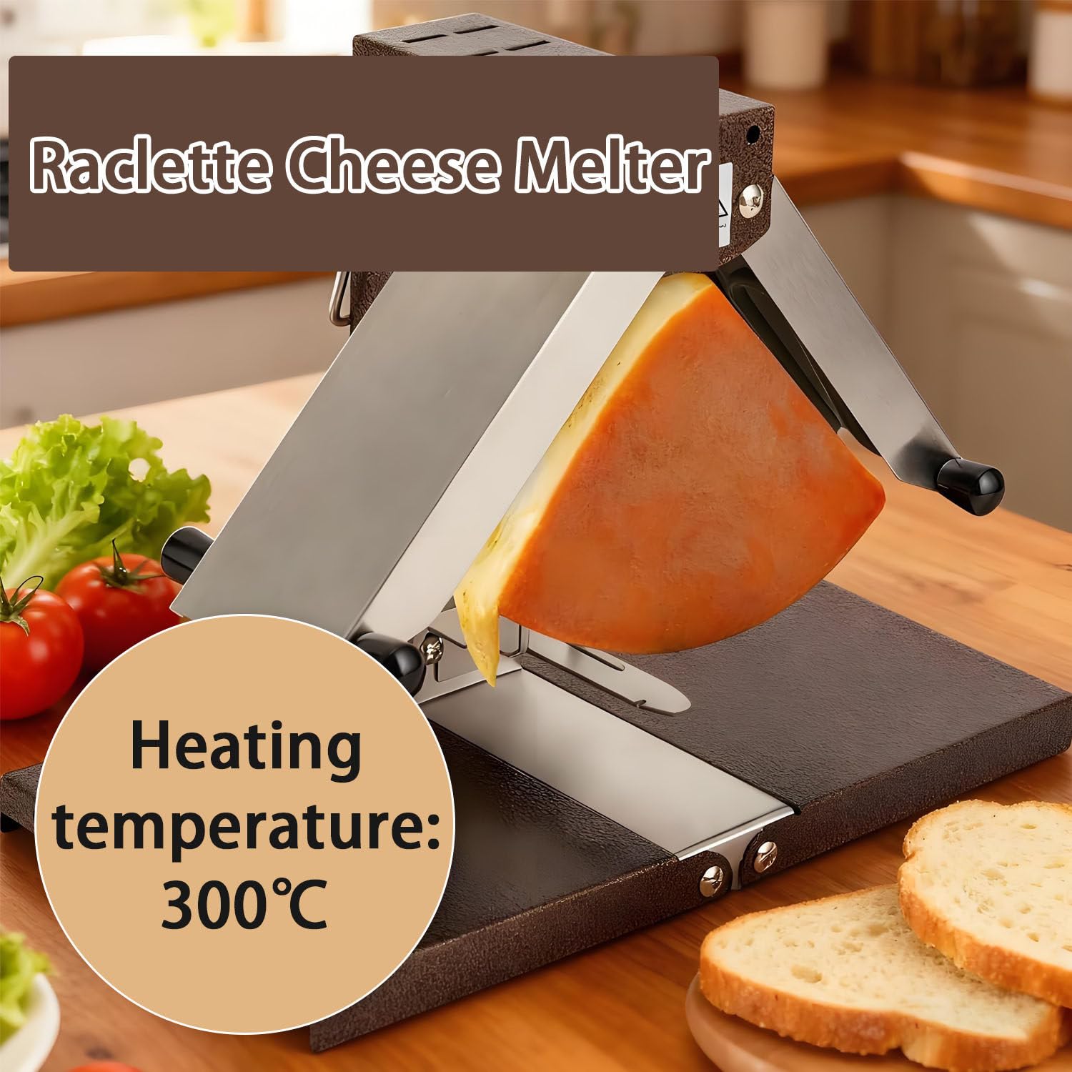 Raclette eléctrica Ajustable de 900 W, fundidora de Queso, Calentamiento rápido, Ajustable de 0 a 90°, Acero Inoxidable, para Medias Ruedas, cuñas y Bloques de Queso.