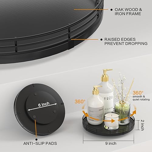 Miniatura 5 de Organizador de mesa giratoria Lazy Susan de madera de roble de 9 pulgadas, Lazy Susan para gabinete, mesa de comedor, despensa, bandeja giratoria de