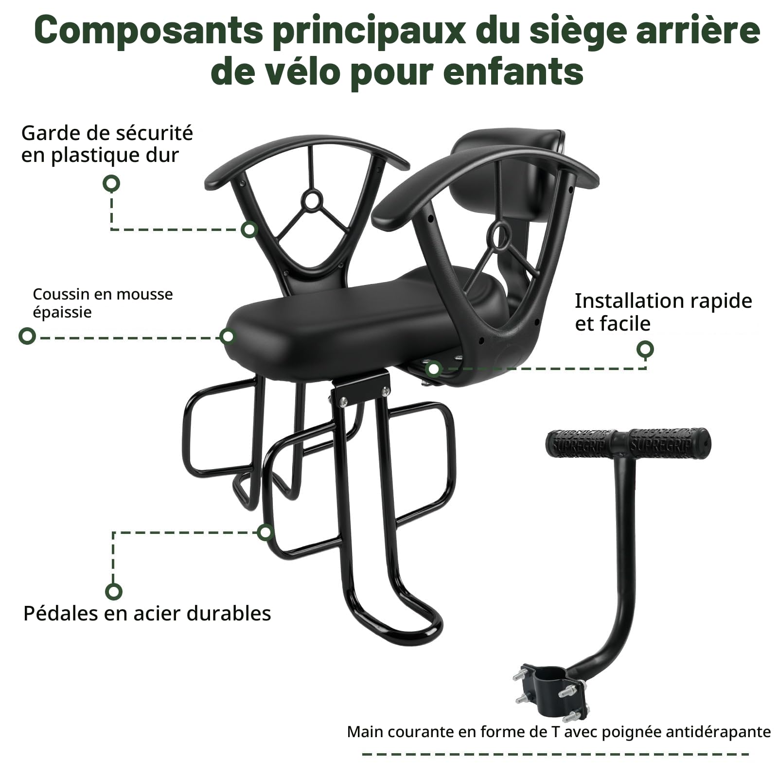 Siège enfant de vélo, siège arrière réglable, avec accoudoirs de sécurité et repose-pieds - Siège de sécurité de vélo pour enfants de 2 à 6 ans - Convient pour les vélos avec porte-bagages