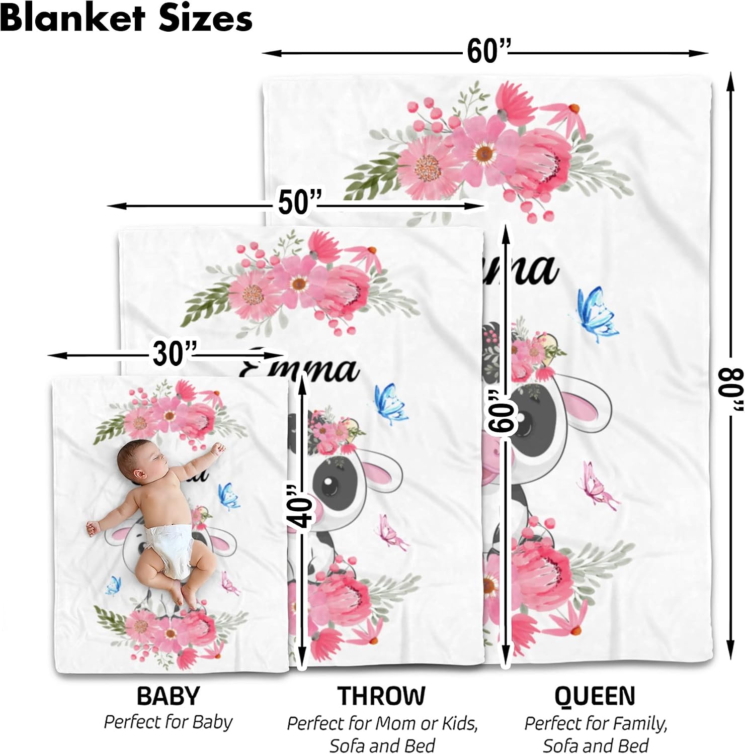 Personalized Floral Cow Baby Blanket,Custom Name Farm Animal Nursery Throw, Pink Flowers Soft Fleece Swaddle, Cute Calf Newborn Wrap, Butterfly Infant Bedding, Cozy Pastel