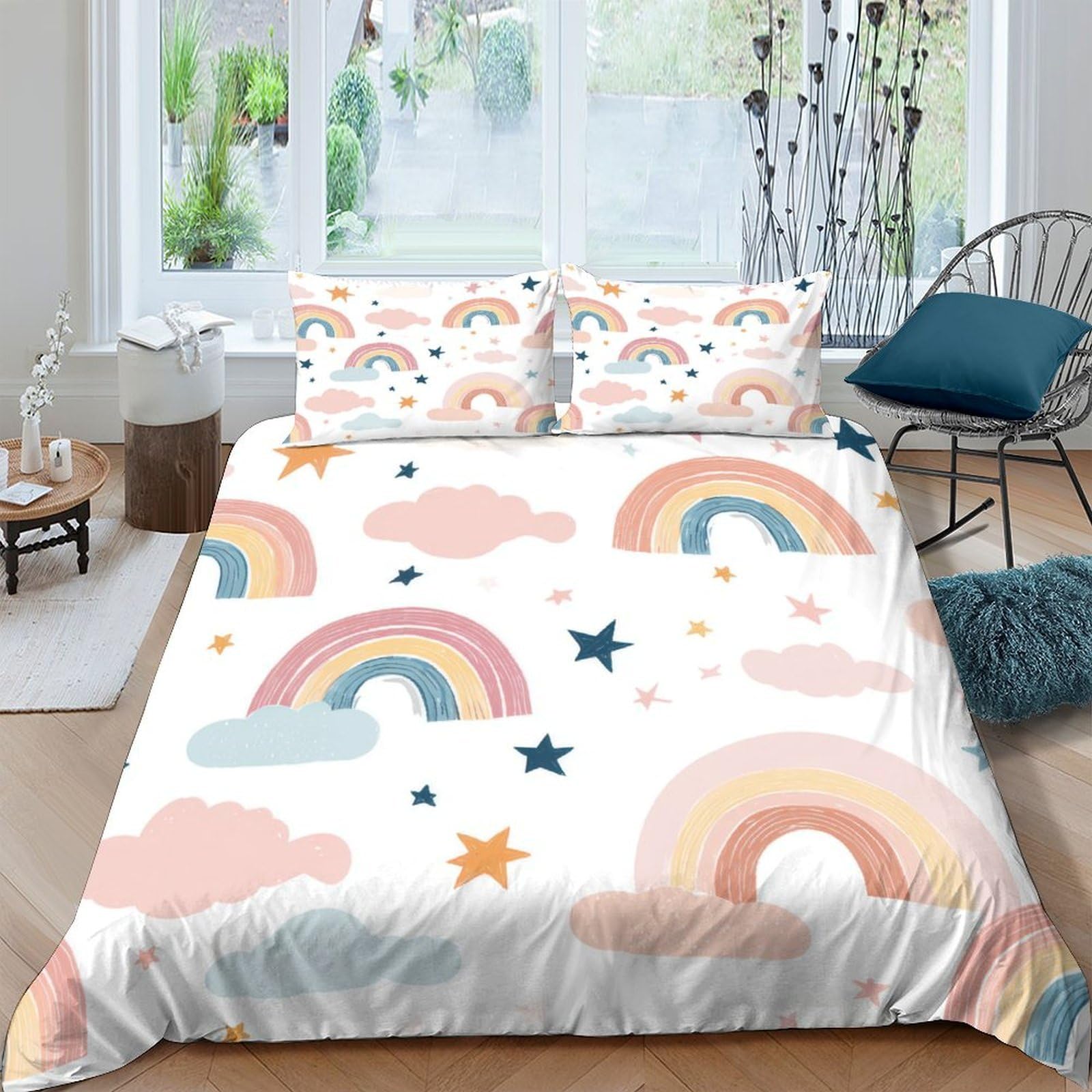 Ctjqhvkz Style-2 3D Printed Rainbow Clouds Fitted Sheet Microfiber Soft Pastel Stars Bed Sheet For Bedroom Dorm Mattress Cover Decor Single（135X200cm）