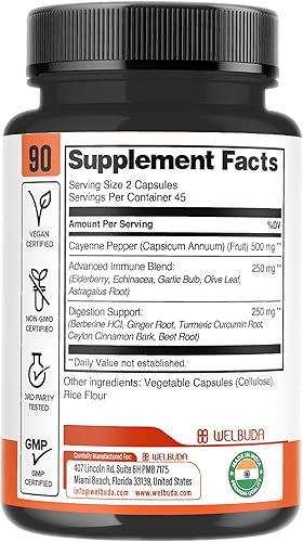 Miniatura 8 de WELBUDA Cápsulas de pimienta de cayena de 1000 mg con saúco, equinácea, berberina HCI y más - Apoya la salud de la digestión, corazón saludable y