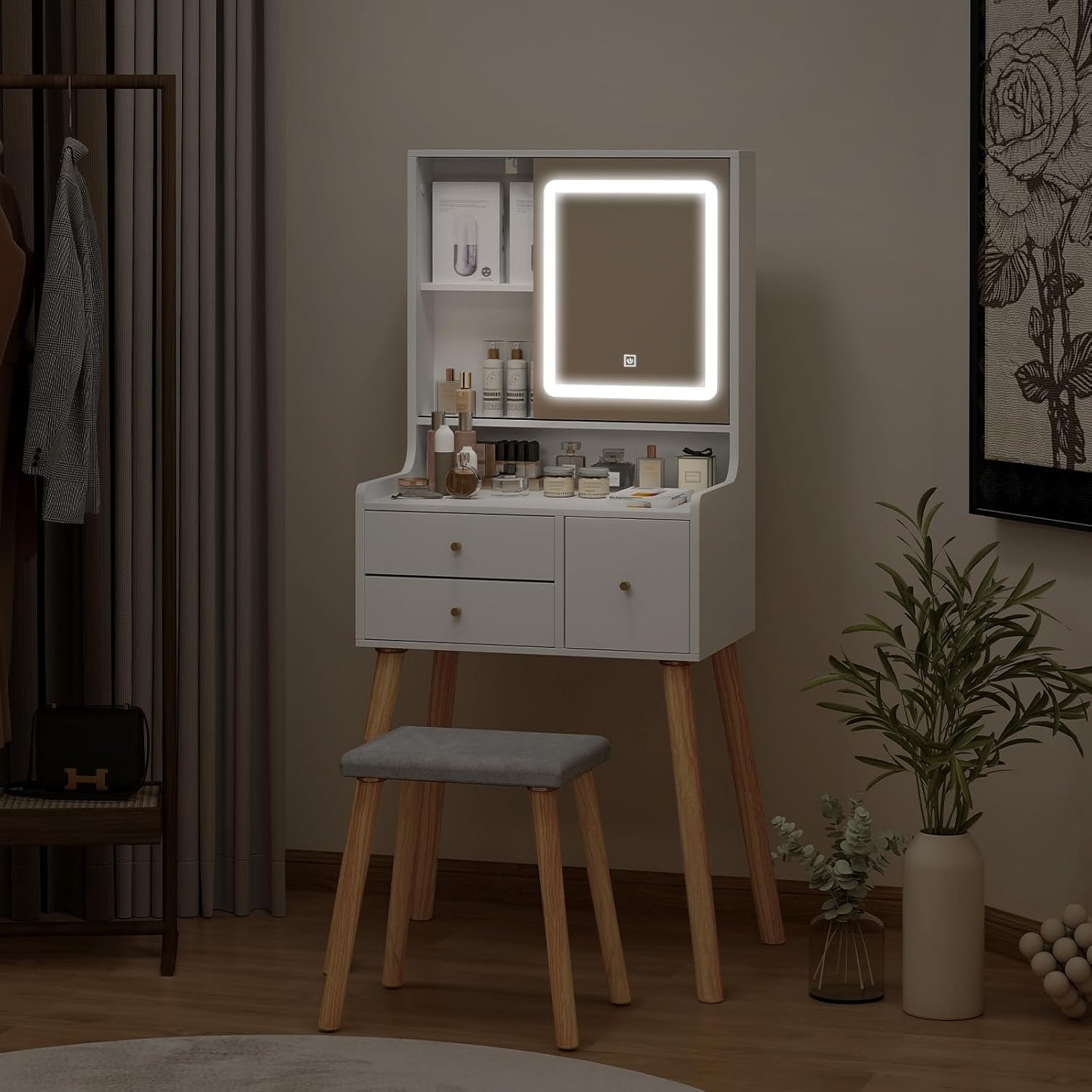YU YUSING Toeletta Trucco con Luci LED e Specchio 3 Colori, Tavolo da Trucco con Sgabello, 3 Cassetti e 5 Ripiani, Postazione 60cm Vanity Desk for Makeup, Camera da Letto Soggiorno, Moderno, Bianco