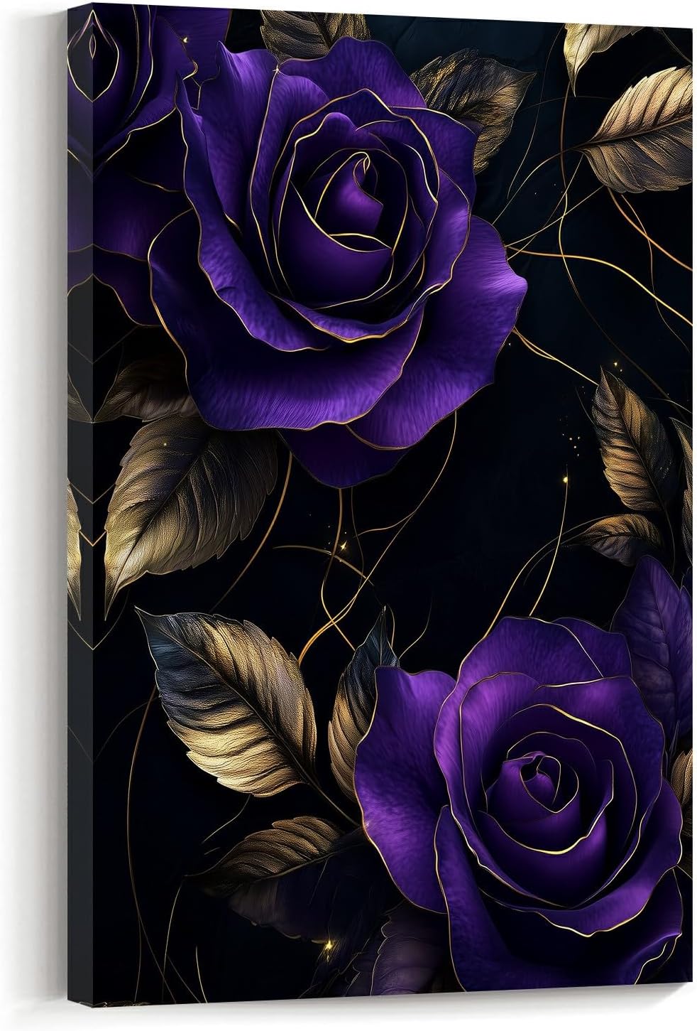 ZSHDEYMTOP Purple Gold Rose Wall Art Abstract Black Gold Purple Rose Flowers Pictures Elegant Golden Leaves Floral Canvas Prints Modern Artwork for Bathroom Decor Frame (Black,18L x 12W)