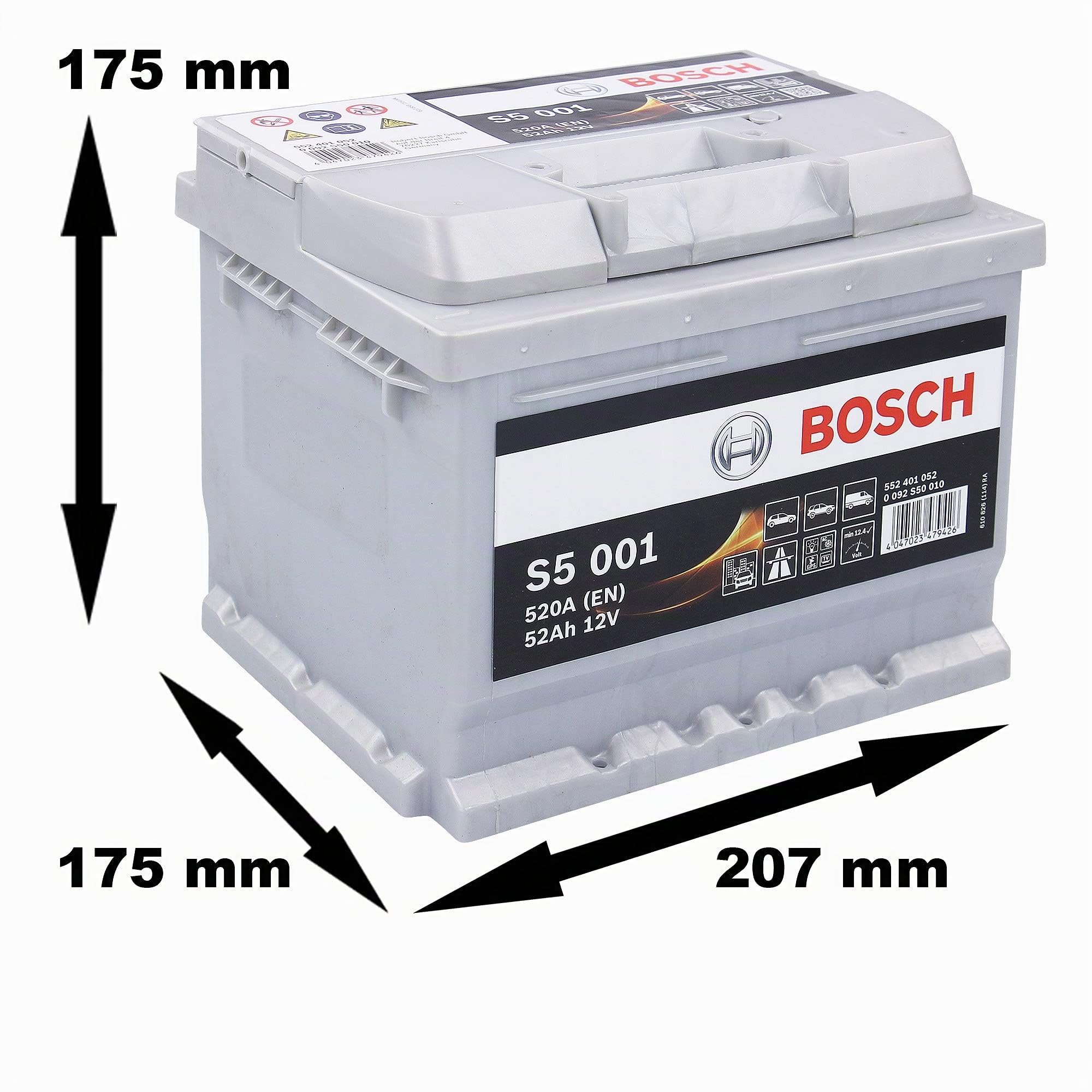 BOSCH Batería 52, Ah 520, A/EN 0 092 S50 010 L 207mm B 175mm H 175mm Compatible con FORD Fiesta Mk6 Hatchback CB1, CCN, JA8, JR8, SKODA Octavia III Combi 5E5 Octavia III Hatchback 5E3, NL3, NR3