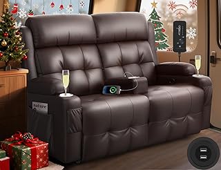 RV Loveseat Recliner Sofa, Wall Hugger Recliners with USB, Pockets, Cup Holders, Massage Reclining Couch, 150Β° Adjustable Sleeper & Removable Armrests, for RV Camper & Home Theater Seating
