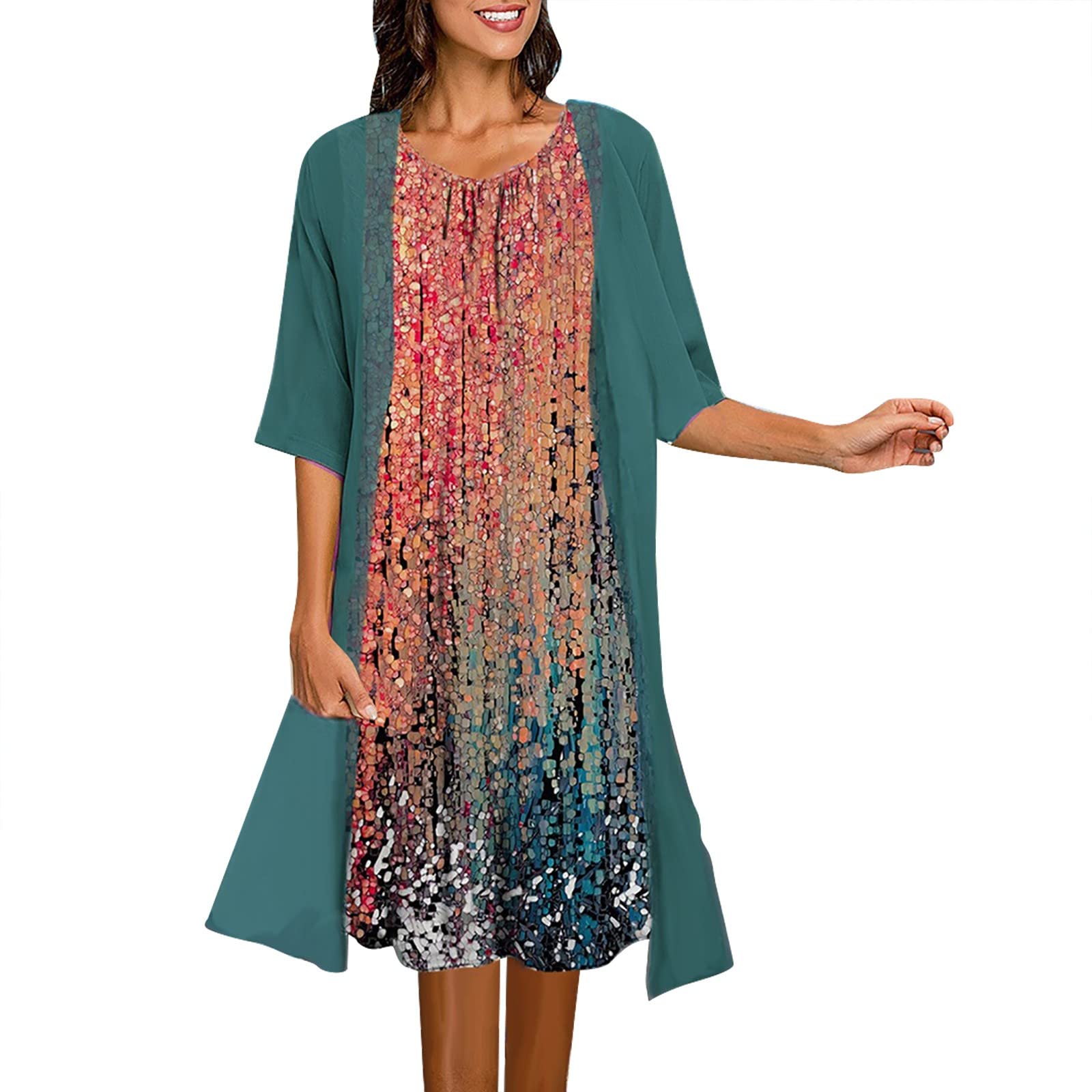 YANJI Vestidos Elegantes Mujer Conjunto de Dos Piezas de Vestido de Gasa Estampado Elegante de Moda y Ocio para Mujer