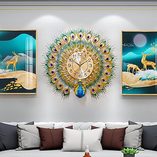 Gran reloj de estilo pavo real para pared, silencioso, no hace tictac, digital, artístico, para decorar la sala o una habitación, de 27.6 pulgadas
