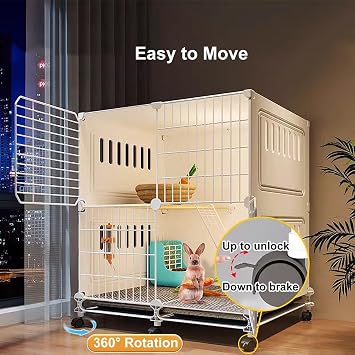 Large Rabbit Cage Indoor with Wheels - 2 Tier Bunny Hutch for Ferrets, Chinchillas, Squirrels, Cats | Extra-Large Small Animal Cage with Ventilation & Easy Assembly